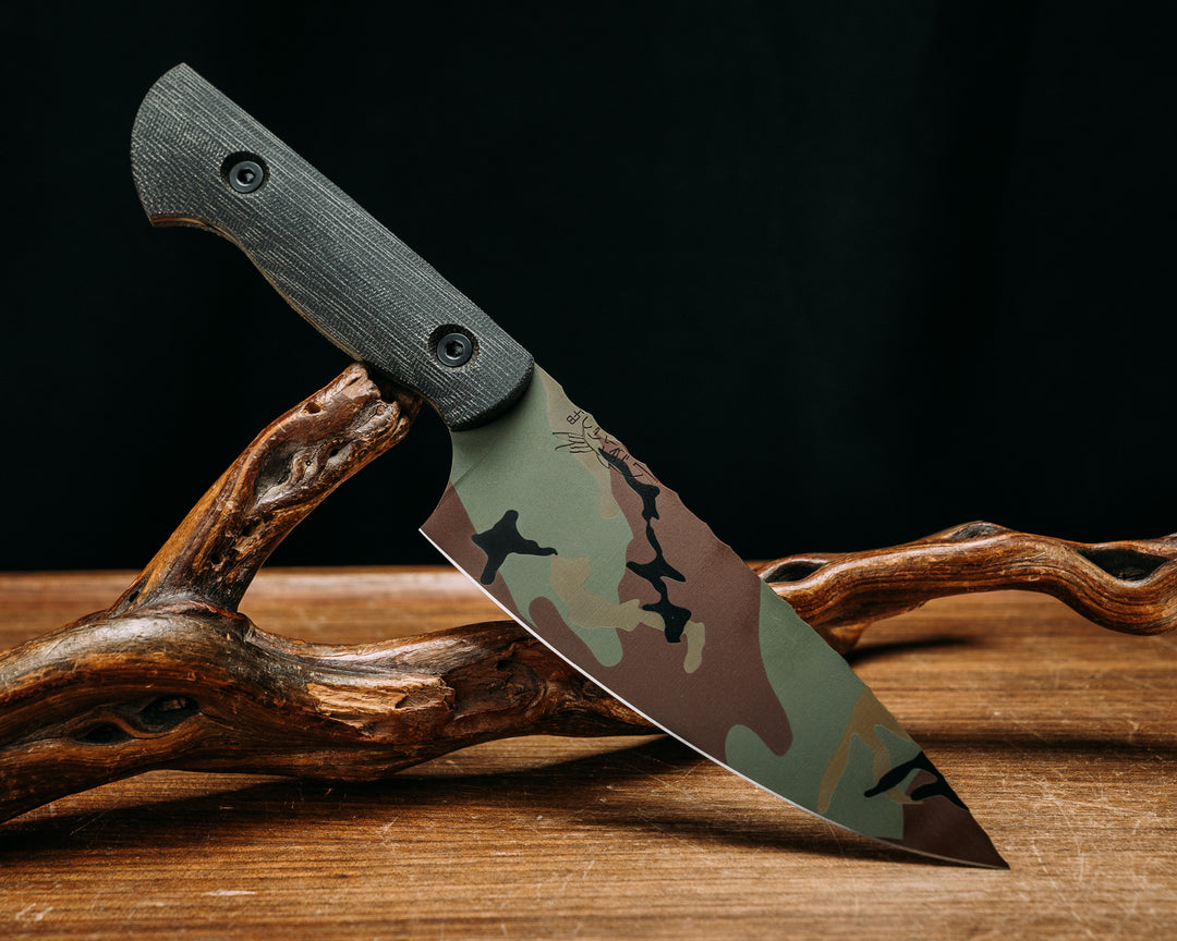 Chef Jr - Black Canvas Micarta, M81 Woodland Camo Cerakote, Allen Bolts, Smooth Grip