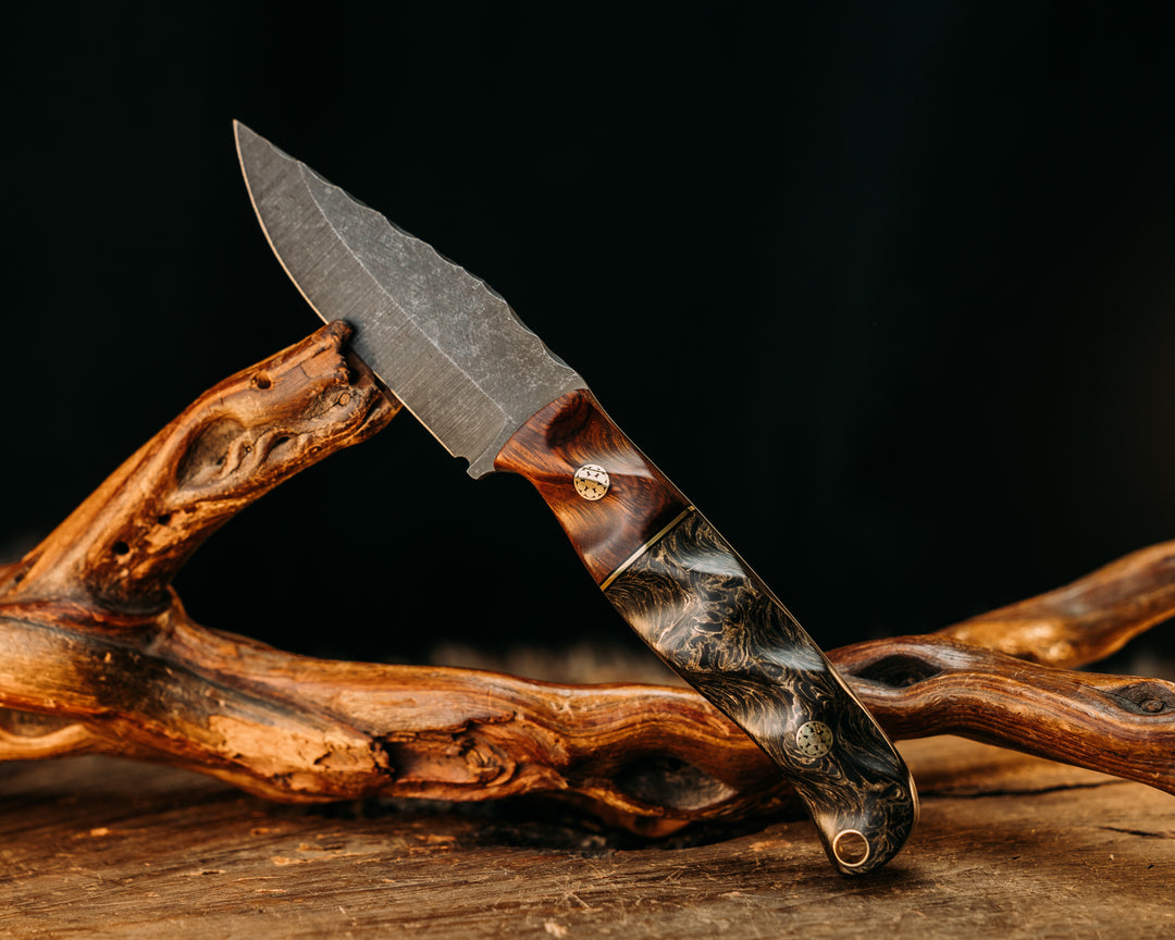 Crow Cub- Desert Ironwood, Black G10 and Brass Split, Gold Dark Matter Carbon, Mosaic Pins, Brass Lanyard Pin, Textured Grip