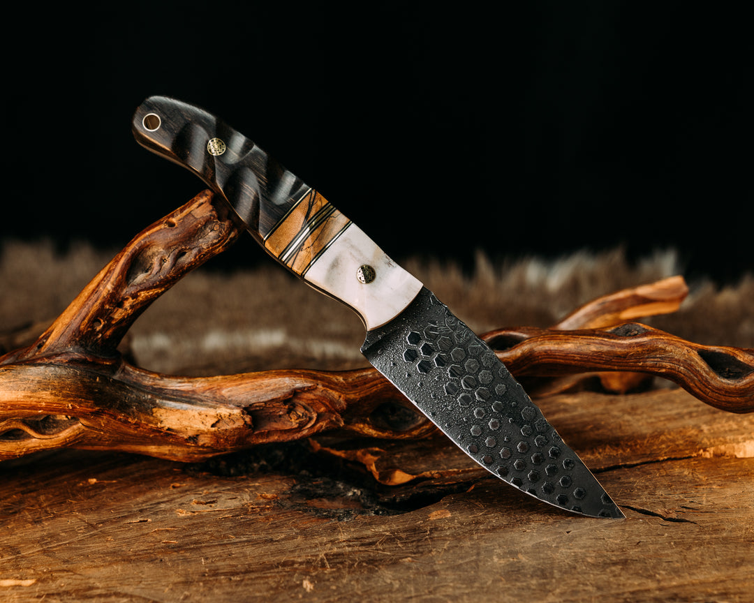Crow Jr- Elk Antler, Black G10 and Brass Pin Striping, Spalted Maple Split, Ebony Wood, Mosaic Pins, Brass Lanyard Pin, Textured Grip