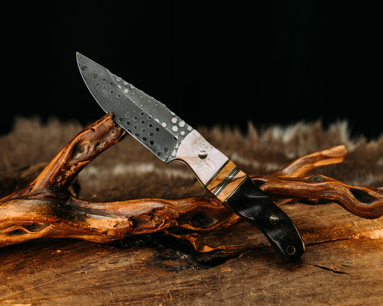 Crow Jr- Elk Antler, Black G10 and Brass Pin Striping, Spalted Maple Split, Ebony Wood, Mosaic Pins, Brass Lanyard Pin, Textured Grip