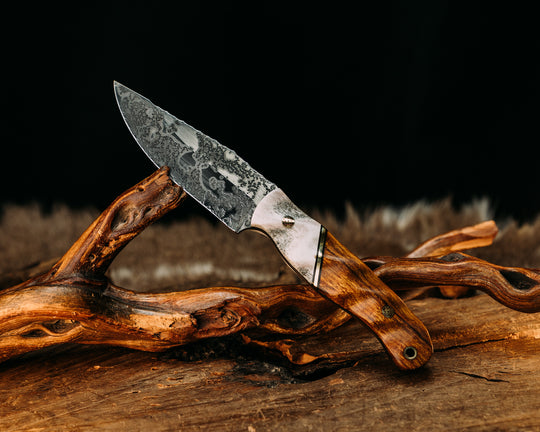 Crow Jr- Elk Antler, Black G10 and Brass Pin Split, Desert Ironwood, Mosaic Pins, Brass Lanyard Pin, Textured Grip