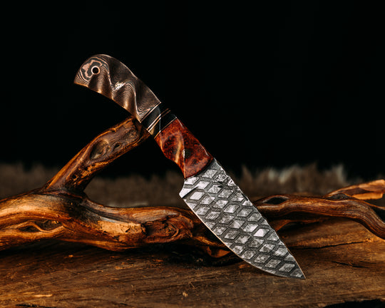 Cavner- Amboyna Burl, Black G10, Copper and Black Burlap Micarta Split, Copper Camo Carbon, Mosaic Pins, Copper Lanyard Pin, Textured Grip
