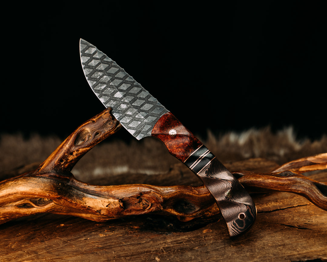 Cavner- Amboyna Burl, Black G10, Copper and Black Burlap Micarta Split, Copper Camo Carbon, Mosaic Pins, Copper Lanyard Pin, Textured Grip