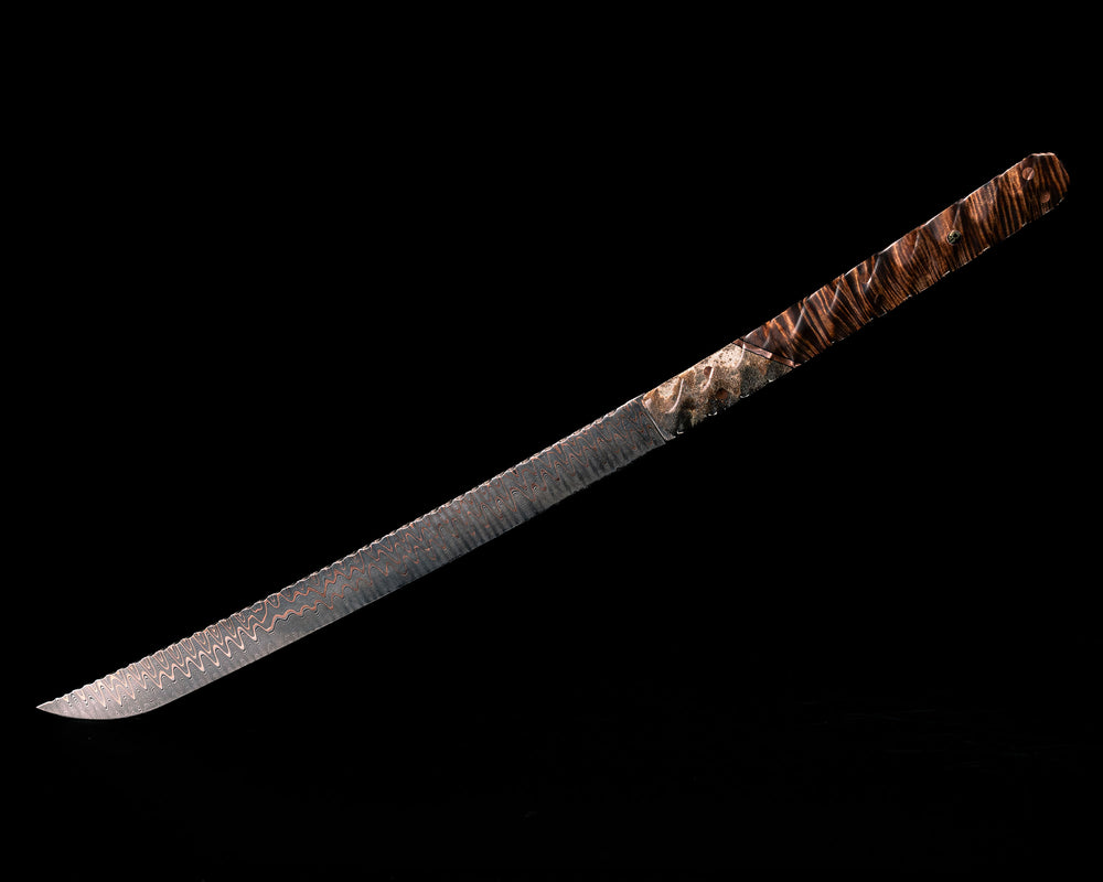 Katana- Baker Forge Firestorm CopperMai Damascus- Dinosaur Bone, Black G10 and Copper Split, Master Grade Hawaiian Curly Koa, Copper Pins, Skull Mosaic Pin, Textured Grip