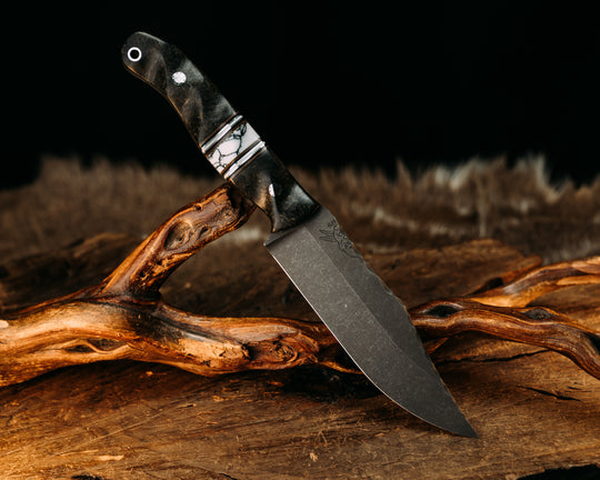 Crow Scout- Dyed Black Ash, Black G10, Coyote G10, Aluminum and White G10 Pin Striping, White Turquoise Tru-stone Split, Mosaic Pins, Textured Grip