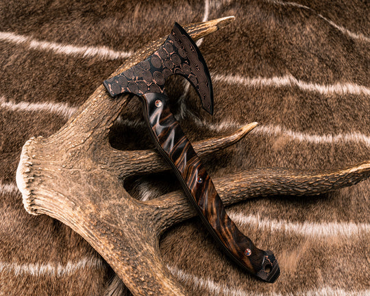 Mini Viking Hawk- Baker Forge Raindrop CopperMai Damascus- Hawaiian Curly Koa, Copper Patriot Mosaic Pins, Textured Grip