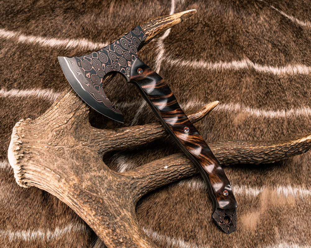 Mini Viking Hawk- Baker Forge Raindrop CopperMai Damascus- Hawaiian Curly Koa, Copper Patriot Mosaic Pins, Textured Grip