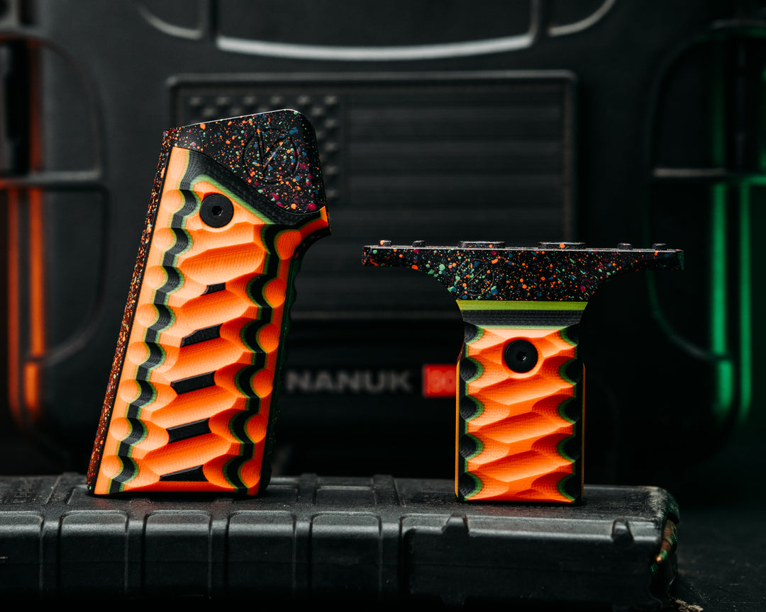 HFB x Kinetic AR Grip System SET - Black, Green & Orange G10, 80's Rad Splatter Cerakote Frames, Snake Textured Grip