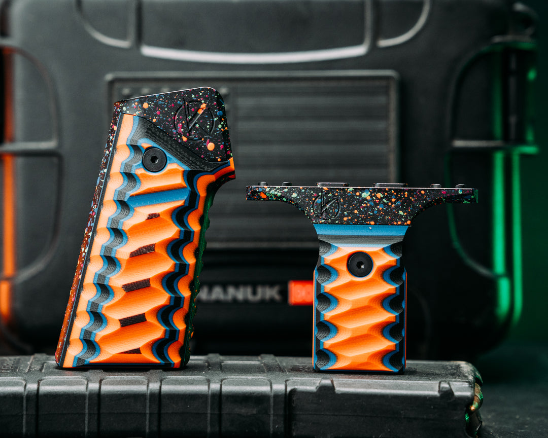 HFB x Kinetic AR Grip System SET - Black, Blue & Orange G10, 80's Rad Splatter Cerakote Frames, Snake Textured Grip