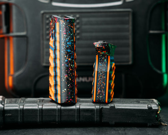 HFB x Kinetic AR Grip System SET - Black, Blue & Orange G10, 80's Rad Splatter Cerakote Frames, Snake Textured Grip