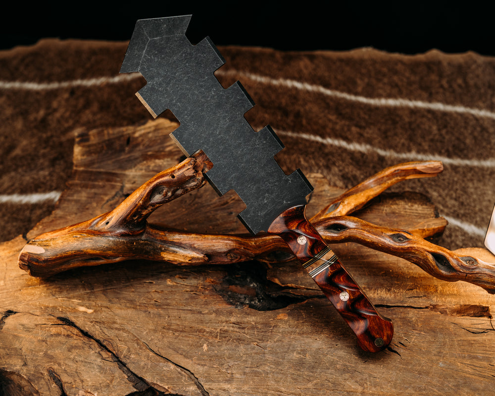 Mini Macuahuitl - Desert Ironwood, Black, Gray & Coyote G10 w/ Brass Pin Striping, Curly Maple Split, Mosaic Pins, Textured Grip
