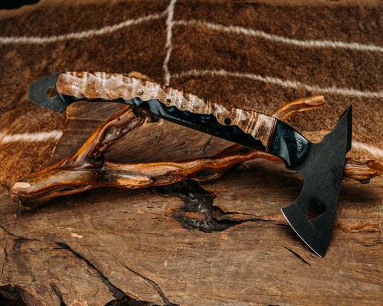 Bleeding Heart Hawk - Tru LaRue Resin, Copper & Black G10 Split, Tru LaRue Resin w/ Hawaiian Curly Koa, Mosaic Pins, Textured Grip.