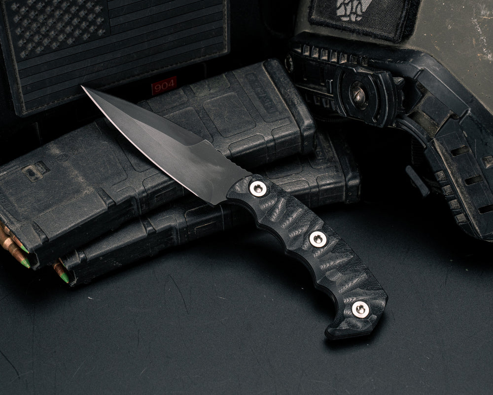 4"  HUMINT- Black G10, Armor Black Cerakote, Ti Allen Bolts, Textured Grip