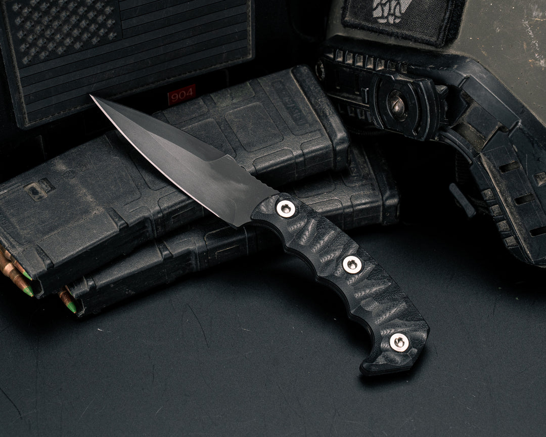 4"  HUMINT- Black G10, Armor Black Cerakote, Ti Allen Bolts, Textured Grip