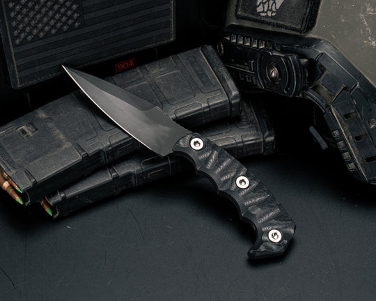 4"  HUMINT- Black G10, Armor Black Cerakote, Ti Allen Bolts, Textured Grip