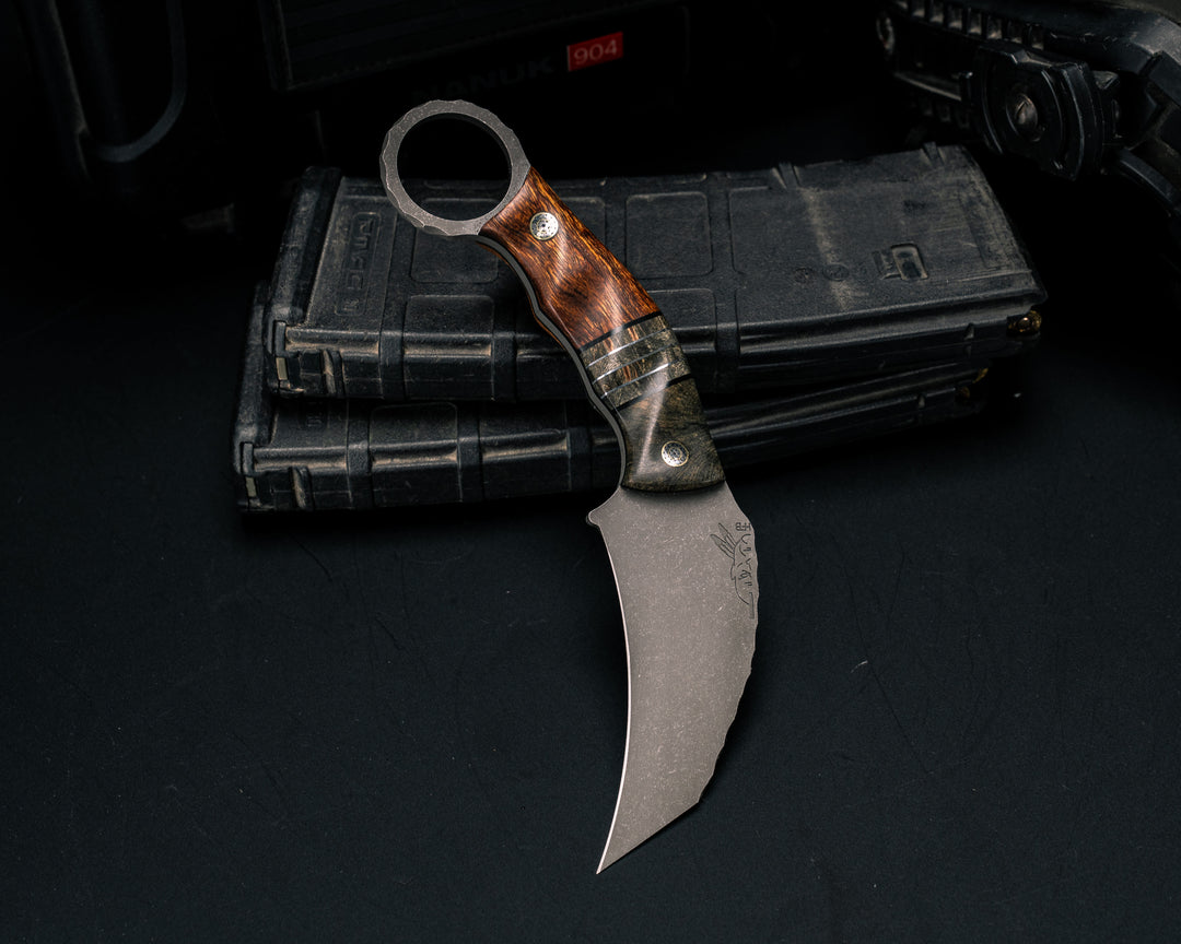 Karambito- Buckeye Burl, Black G10, Aluminum and Buckeye Burl Split, Desert Ironwood, Mosaic Pins, Textured Grip