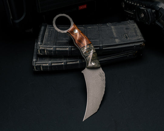 Karambito- Buckeye Burl, Black G10, Aluminum and Buckeye Burl Split, Desert Ironwood, Mosaic Pins, Textured Grip