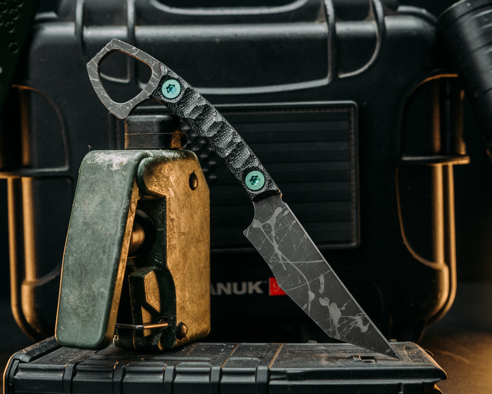 SOPHS- Black Canvas Micarta,  Blue/Green Ti Allen Bolts, Textured Grip