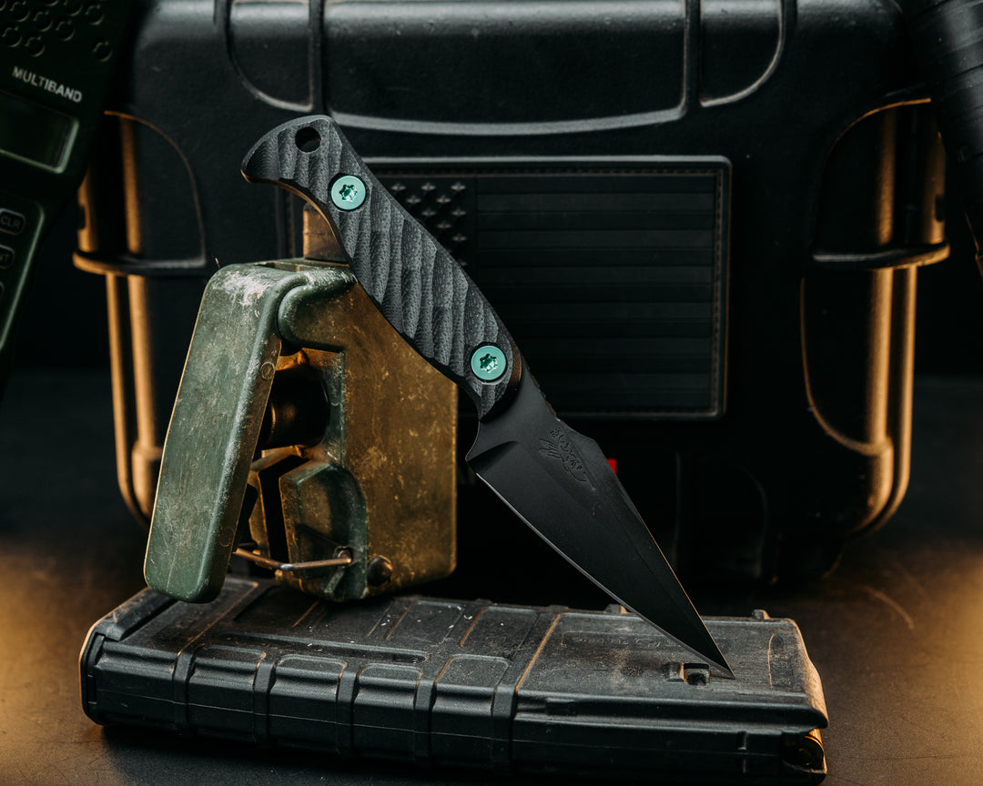 Gulo Gulo- Black G10, Armor Black Cerakote, Blue/Green Ti Allen Bolts, Textured Grip