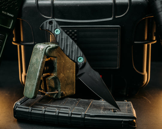 Gulo Gulo- Black G10, Armor Black Cerakote, Blue/Green Ti Allen Bolts, Textured Grip