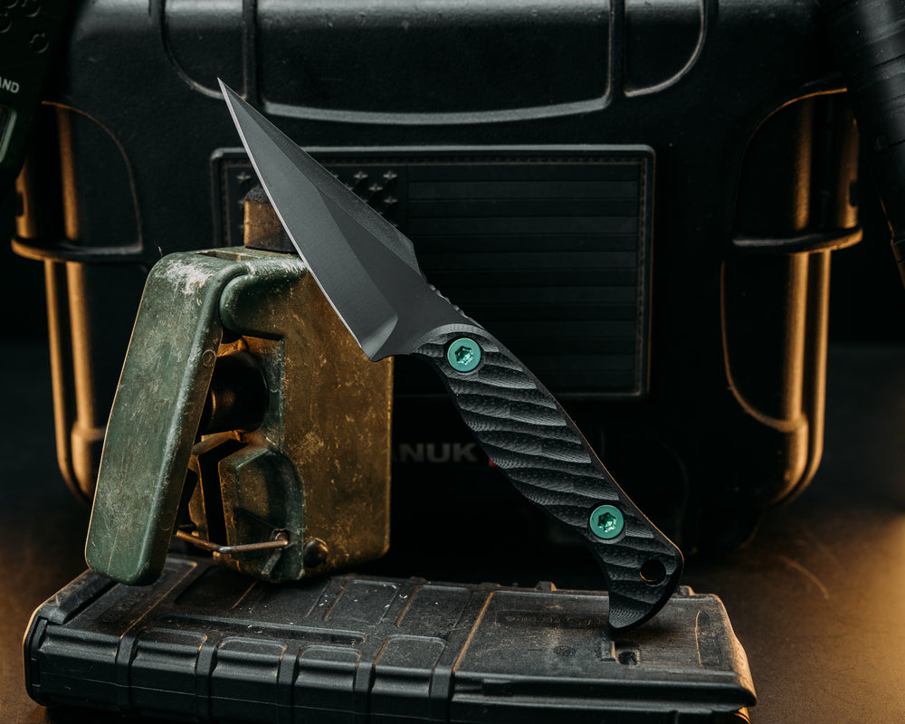 Gulo Gulo- Black G10, Armor Black Cerakote, Blue/Green Ti Allen Bolts, Textured Grip