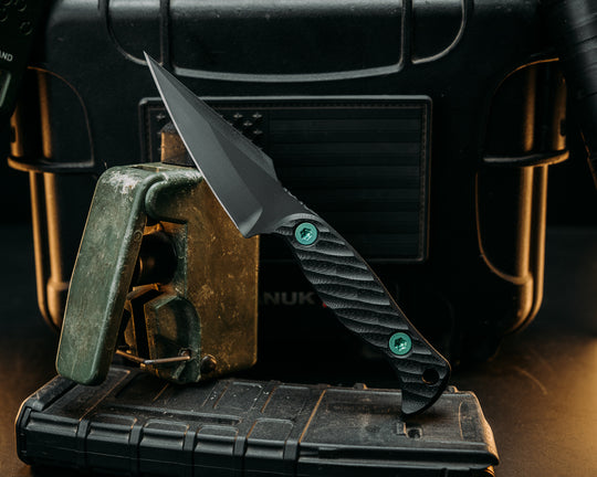 Gulo Gulo- Black G10, Armor Black Cerakote, Blue/Green Ti Allen Bolts, Textured Grip