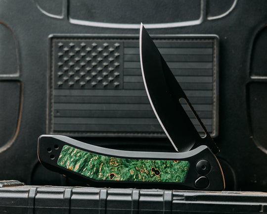 Custom Kwaiken Folder -  Dyed Maple, Anodized Black Handle, Black Nitride Blade, Textured Grip, Deep Carry Pocket Clip