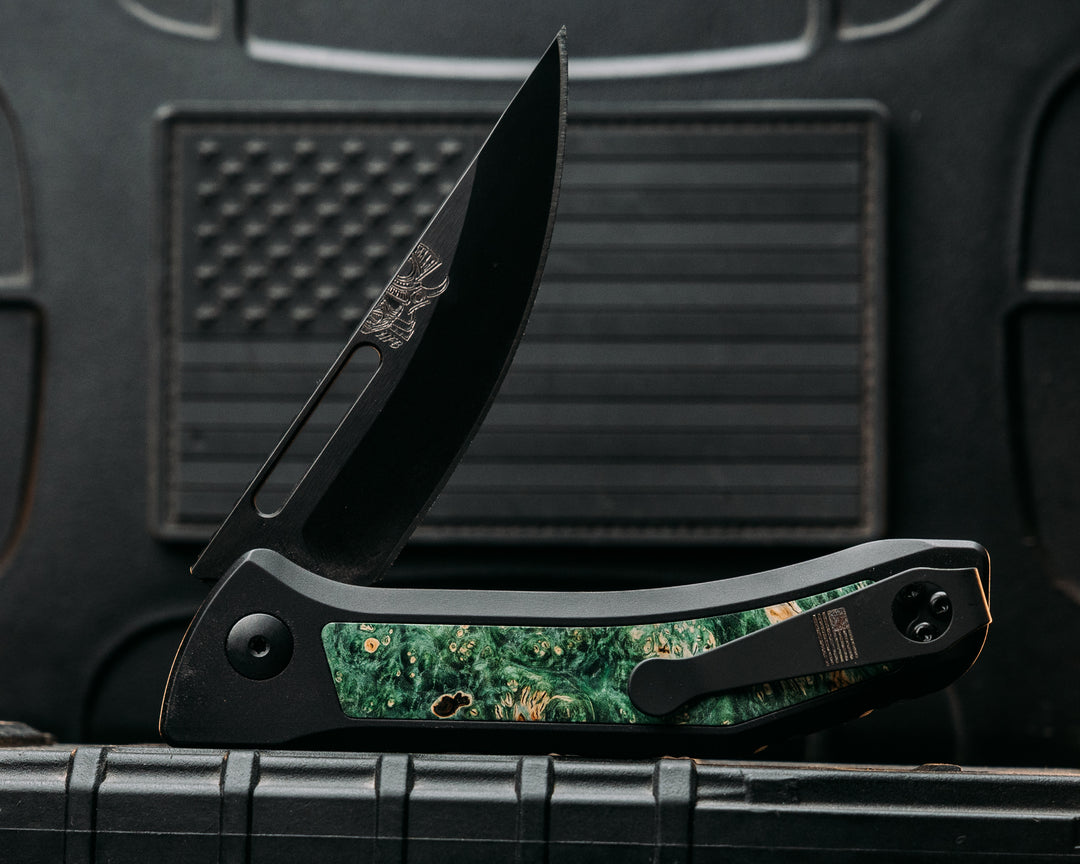 Custom Kwaiken Folder -  Dyed Maple, Anodized Black Handle, Black Nitride Blade, Textured Grip, Deep Carry Pocket Clip