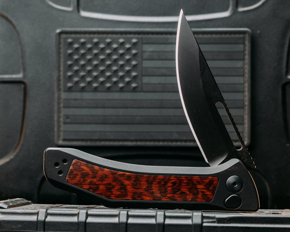 Custom Kwaiken Folder -  Snakewood, Anodized Black Handle, Black Nitride Blade, Textured Grip, Deep Carry Pocket Clip