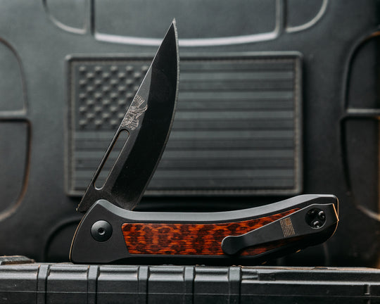 Custom Kwaiken Folder -  Snakewood, Anodized Black Handle, Black Nitride Blade, Textured Grip, Deep Carry Pocket Clip