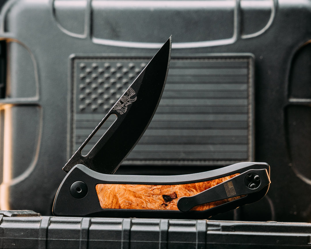 Custom Kwaiken Folder -  Amboyna, Anodized Black Handle, Black Nitride Blade, Textured Grip, Deep Carry Pocket Clip