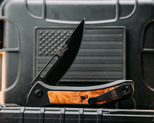 Custom Kwaiken Folder -  Amboyna, Anodized Black Handle, Black Nitride Blade, Textured Grip, Deep Carry Pocket Clip