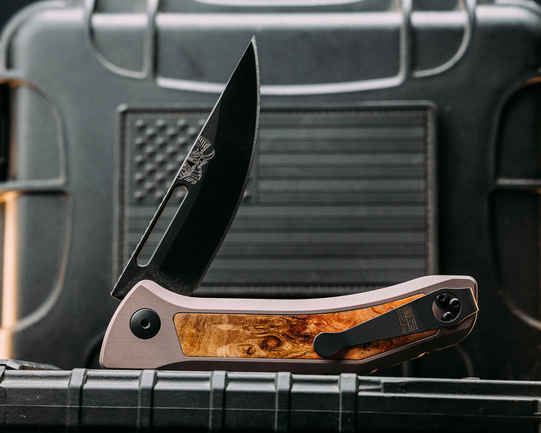 Custom Kwaiken Folder -  Amboyna Burl, Anodized Grey Handle, Grey Nitride Blade, Textured Grip, Deep Carry Pocket Clip