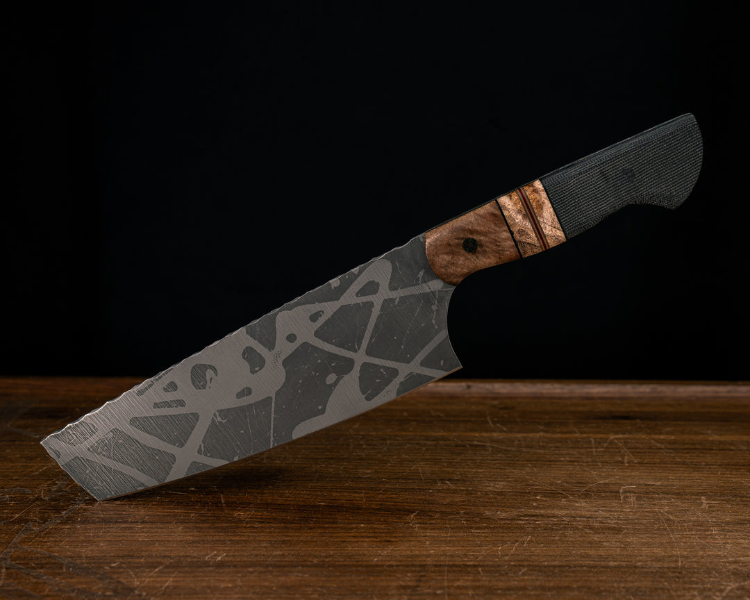 Nakiri- Maple, Black G10, OD Green G10, Copper, Red G10 and Coyote G10 Pin Striping, Spalted Maple Split, Black Canvas Micarta, Mosaic Pin, CF Pin, Smooth Grip