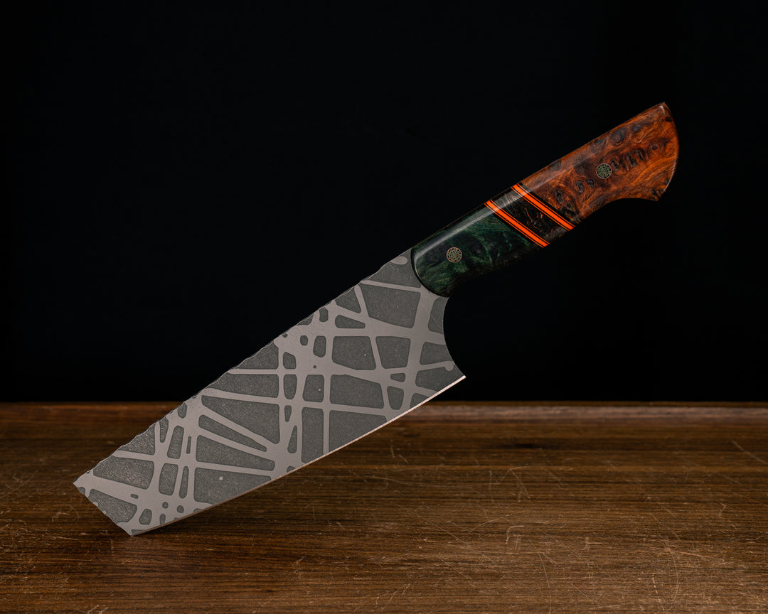 Nakiri- Dyed Redwood, Black G10 and Orange G10 Pin Striping, Orange Dark Matter Carbon Split, Amboyna Burl, Mosaic Pins, Smooth Grip