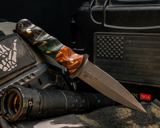 Combat Dagger- Desert Ironwood, Brass and Dyed Redwood Split, Dyed Redwood, Brass Pins, Brass Lanyard Pin, Textured Grip