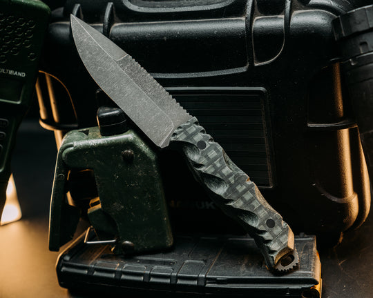 Hog Hunt- Desert Night Camo Canvas Micarta, CF Pins, Textured Grip