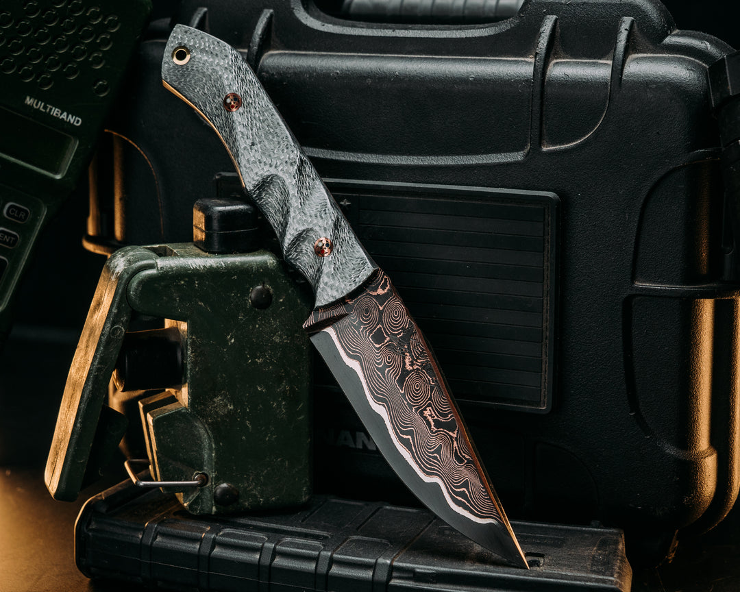 Red Cloud- Baker Forge CopperMai Raindrop (Ni-Shim)- Siver Carbon, Copper Patriot Mosaic Pins, Brass Lanyard Pin, Textured Grip