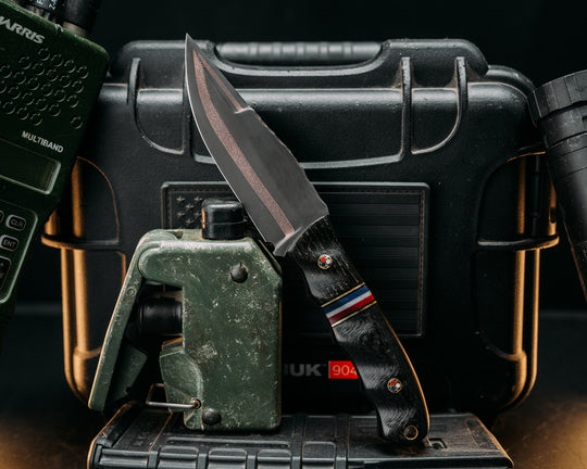 Disaster Crow Jr- Baker Forge DarkMai Coppermascus- Ancient Bog Oak, Black G10 and Brass Pin Striping, Americana Up Down G-Carta Split, Carbon Fiber, Patriot Mosaic Pins, Brass Lanyard Pin, Textured Grip