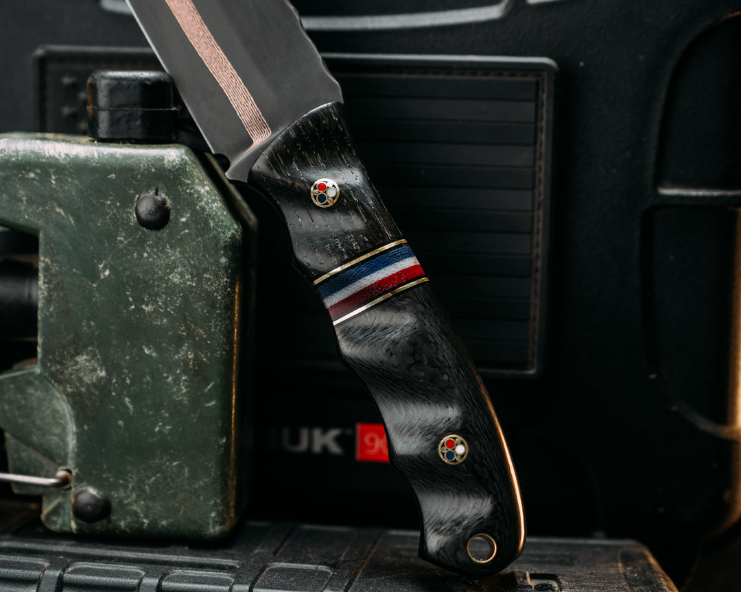 Disaster Crow Jr- Baker Forge DarkMai Coppermascus- Ancient Bog Oak, Black G10 and Brass Pin Striping, Americana Up Down G-Carta Split, Carbon Fiber, Patriot Mosaic Pins, Brass Lanyard Pin, Textured Grip