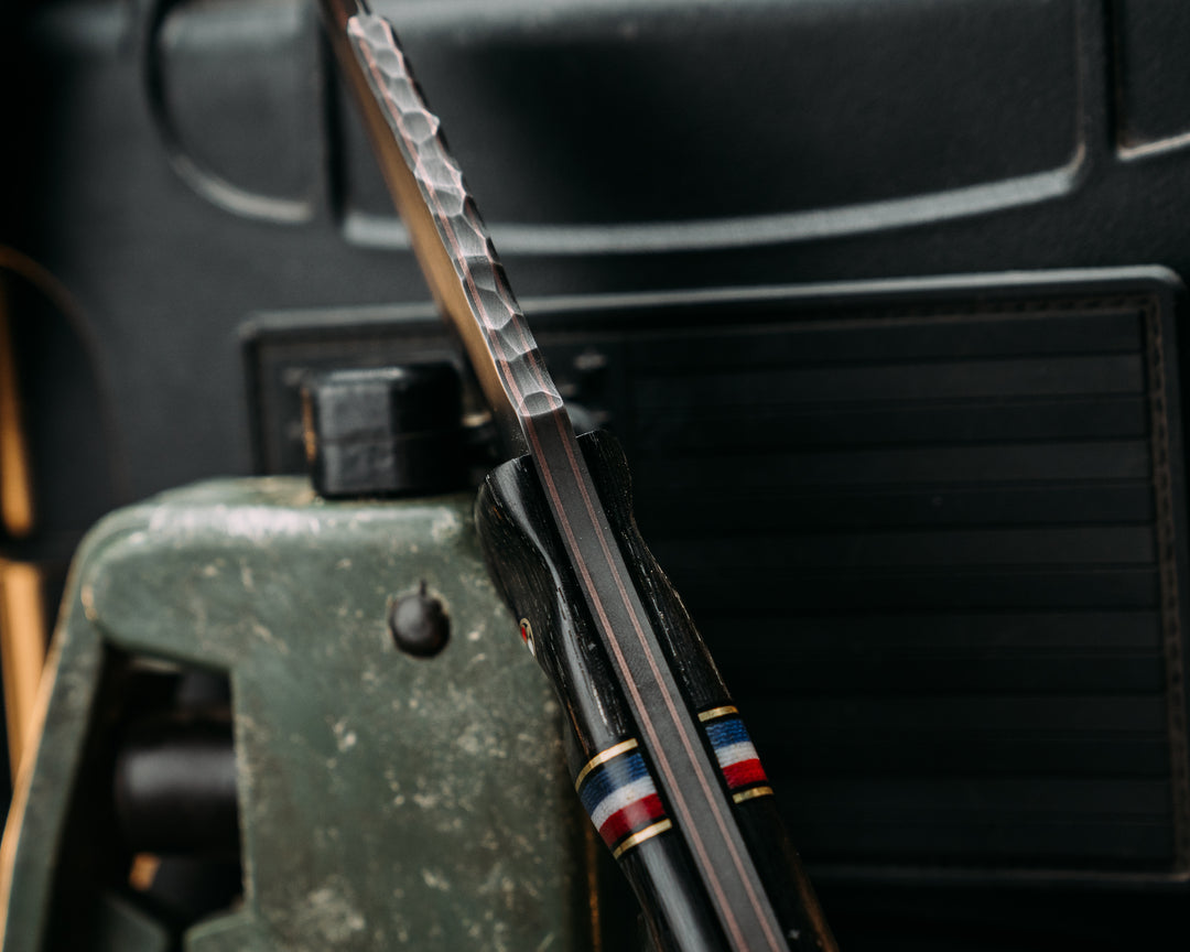 Disaster Crow Jr- Baker Forge DarkMai Coppermascus- Ancient Bog Oak, Black G10 and Brass Pin Striping, Americana Up Down G-Carta Split, Carbon Fiber, Patriot Mosaic Pins, Brass Lanyard Pin, Textured Grip