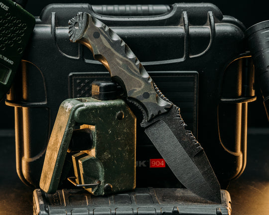 Notched Breacher Jr- Vietnam Tiger Stripe Cammie Micarta, CF Pins, Smooth Grip, Old School Rock Worked Spine