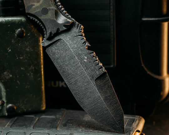 Notched Breacher Jr- Vietnam Tiger Stripe Cammie Micarta, CF Pins, Smooth Grip, Old School Rock Worked Spine