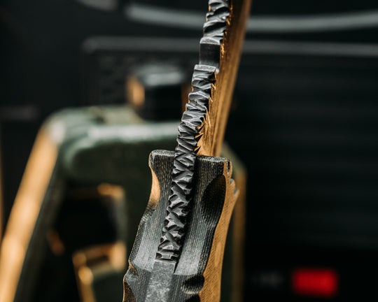 Notched Breacher Jr- Vietnam Tiger Stripe Cammie Micarta, CF Pins, Smooth Grip, Old School Rock Worked Spine