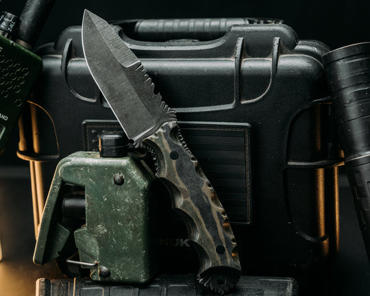 Notched Breacher Jr- Vietnam Tiger Stripe Cammie Micarta, CF Pins, Smooth Grip, Old School Rock Worked Spine