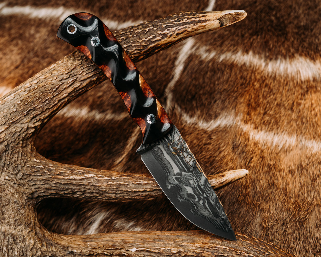 Cav Jr- Baker Forge Matrix Stainless Damascus- Bison Horn Over Amboyna, Mosaic Pins, Aluminum Lanyard Pin, Textured Grip