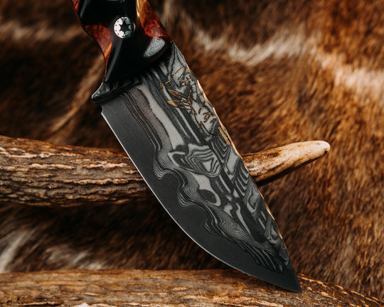 Cav Jr- Baker Forge Matrix Stainless Damascus- Bison Horn Over Amboyna, Mosaic Pins, Aluminum Lanyard Pin, Textured Grip