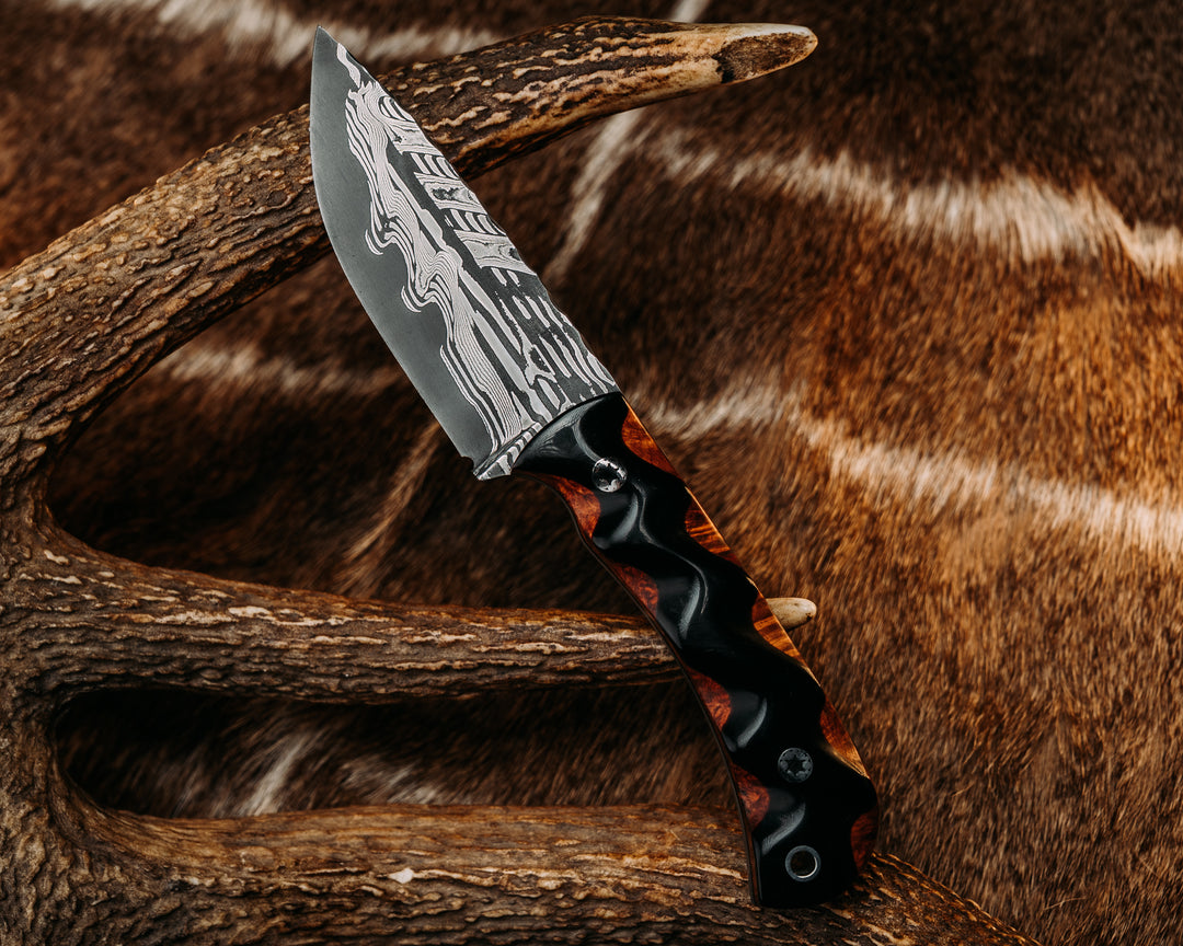 Cav Jr- Baker Forge Matrix Stainless Damascus- Bison Horn Over Amboyna, Mosaic Pins, Aluminum Lanyard Pin, Textured Grip