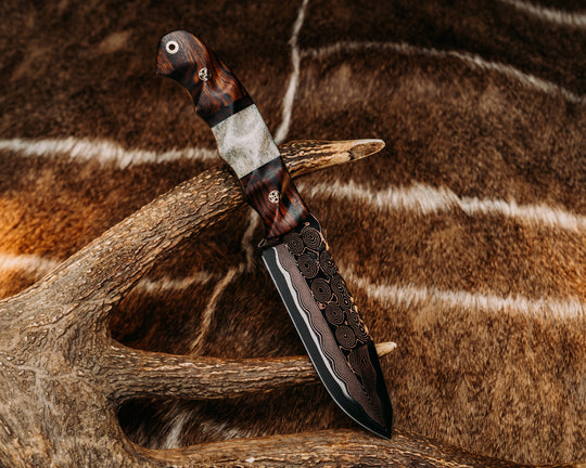 Disaster Breacher- Baker Forge Raindrop CopperMai Ni-Shim- Desert Ironwood, Black G10 Pin Striping, Desert Ironwood and Elk Antler Split, Mosaic Pins, Brass Lanyard Pin, Textured Grip