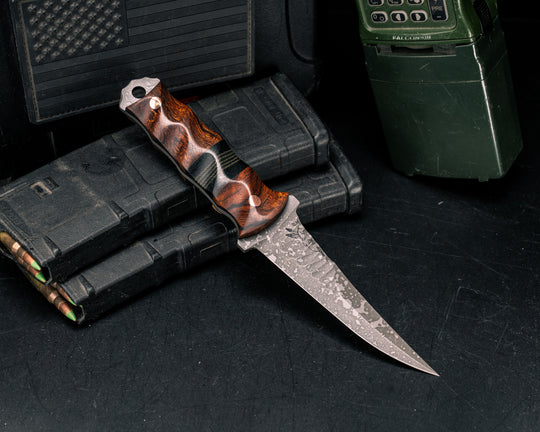 Combat Filet- Desert Ironwood, Black Canvas Micarta and Layered OD Green and Black Canvas Micarta Split, Copper Pins, Textured Grip